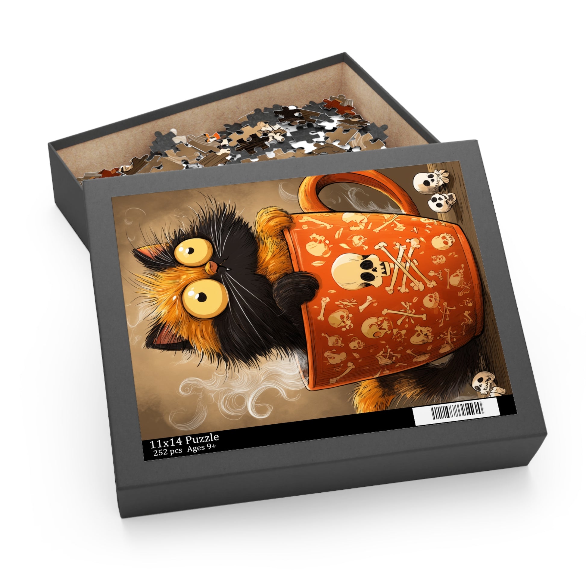 Partially assembled whimsical jigsaw puzzle of a cute black and orange cat peeking from a giant orange skull and crossbones mug, with scattered pieces, 252 pieces