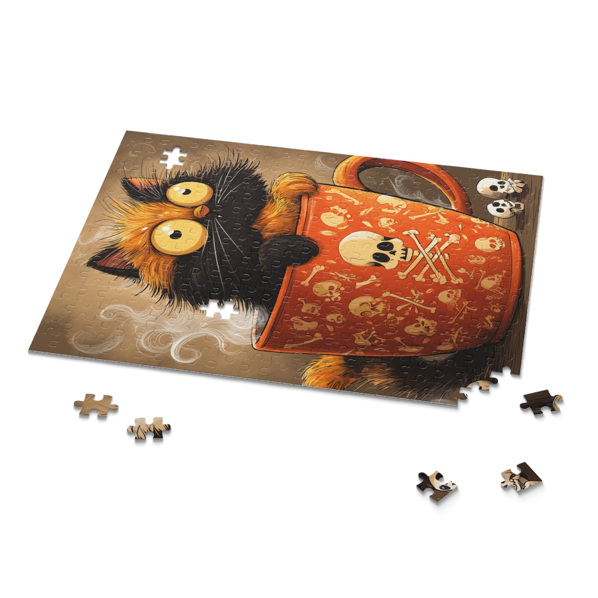 Partially assembled whimsical jigsaw puzzle of a cute black and orange cat peeking from a giant orange skull and crossbones mug, with scattered pieces 252 pieces