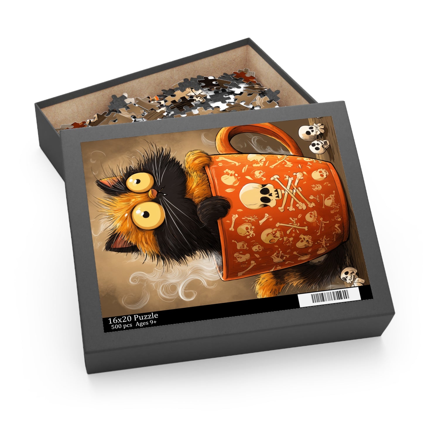 Jigsaw puzzle box with a cat and mug design on a white background
