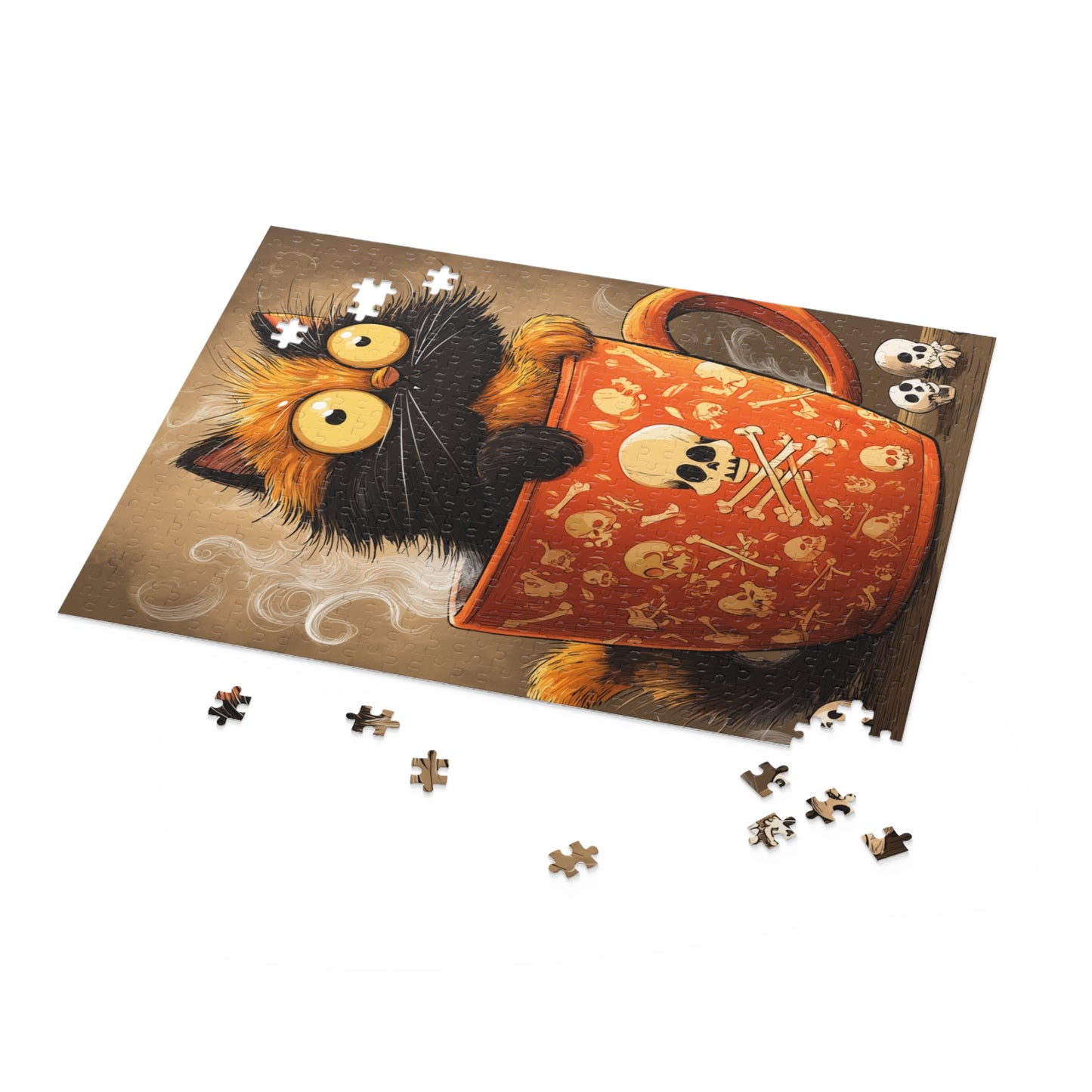 Partially assembled whimsical jigsaw puzzle of a cute black and orange cat peeking from a giant orange skull and crossbones mug, with scattered pieces, 500 pieces