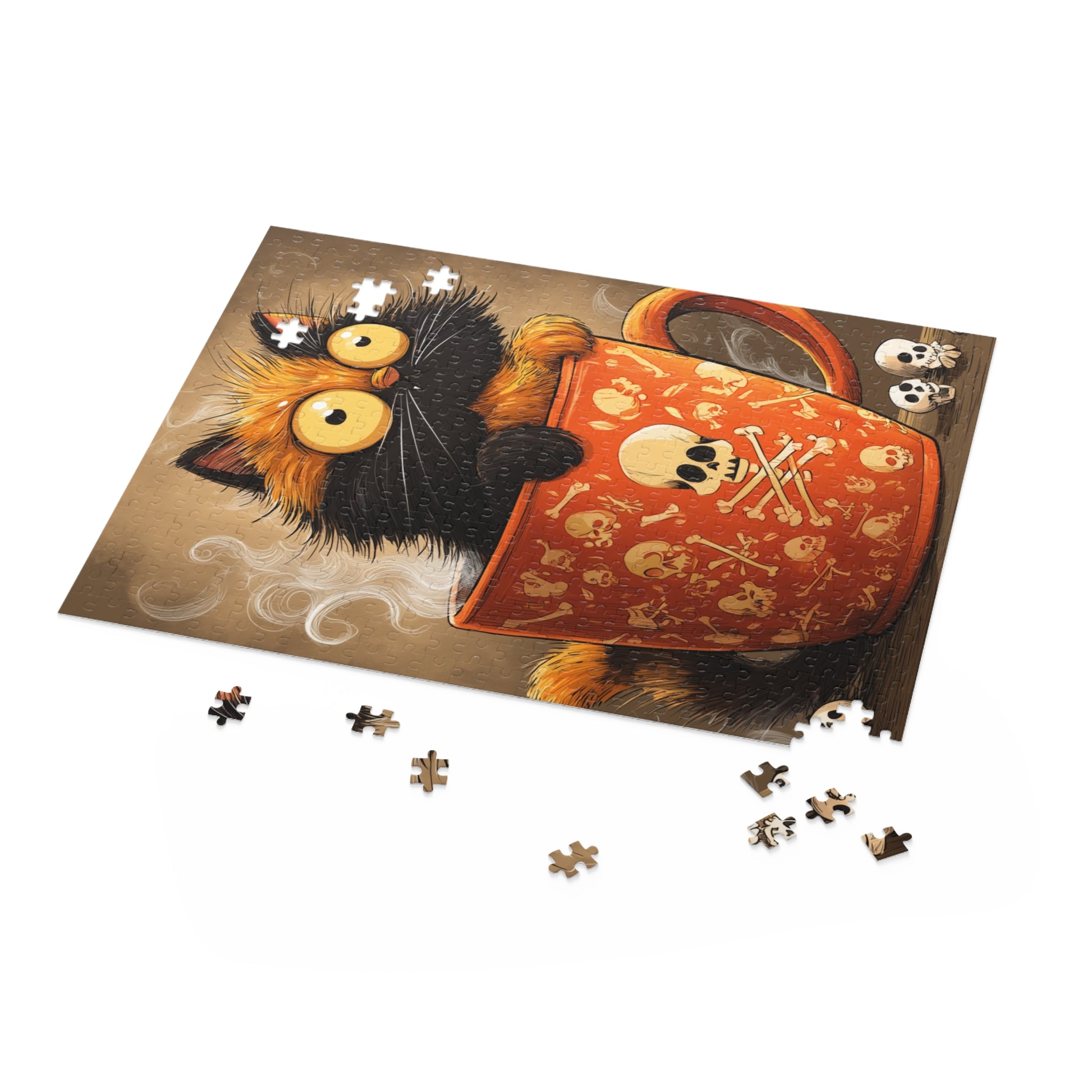Partially assembled whimsical jigsaw puzzle of a cute black and orange cat peeking from a giant orange skull and crossbones mug, with scattered pieces, 500 pieces