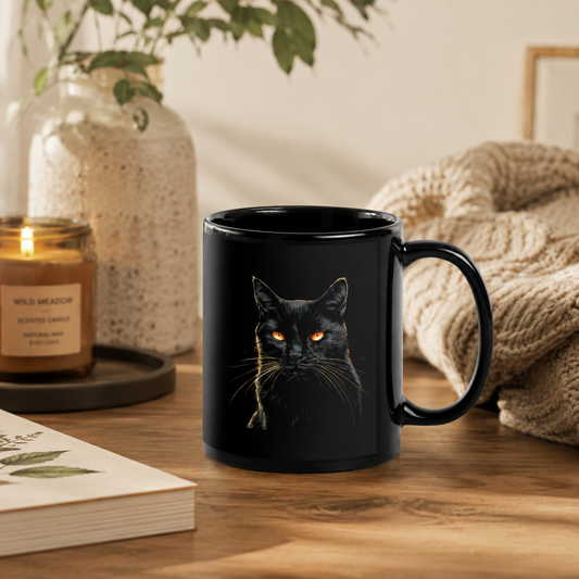 Black cat mug with glowing amber eyes on a cozy wooden tabletop with candle and knit blanket.