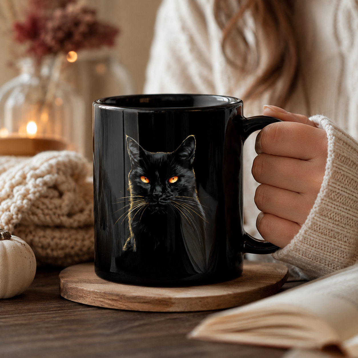Black cat mug with glowing amber eyes held in hand beside an open book and cozy knit blanket.