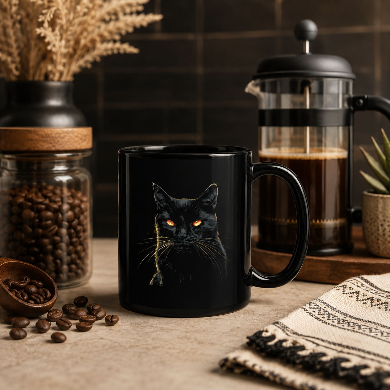 Black cat mug with glowing amber eyes styled with coffee beans and a French press on a warm coffee bar.