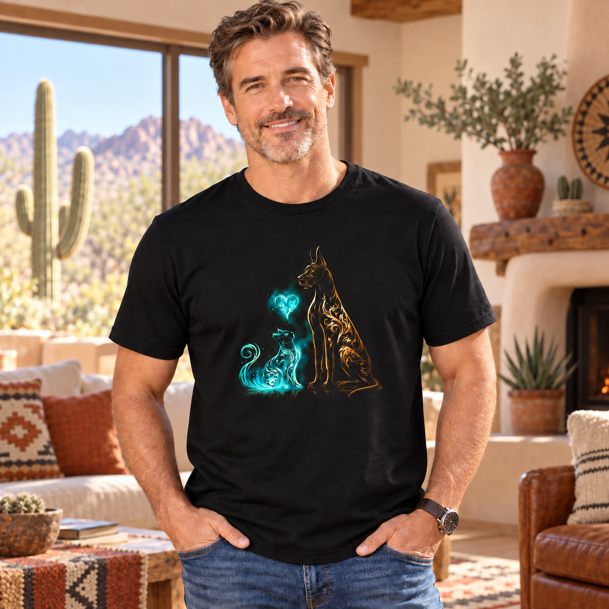 Man in a black tee with a dog and cat design, indoors with a cozy decor.