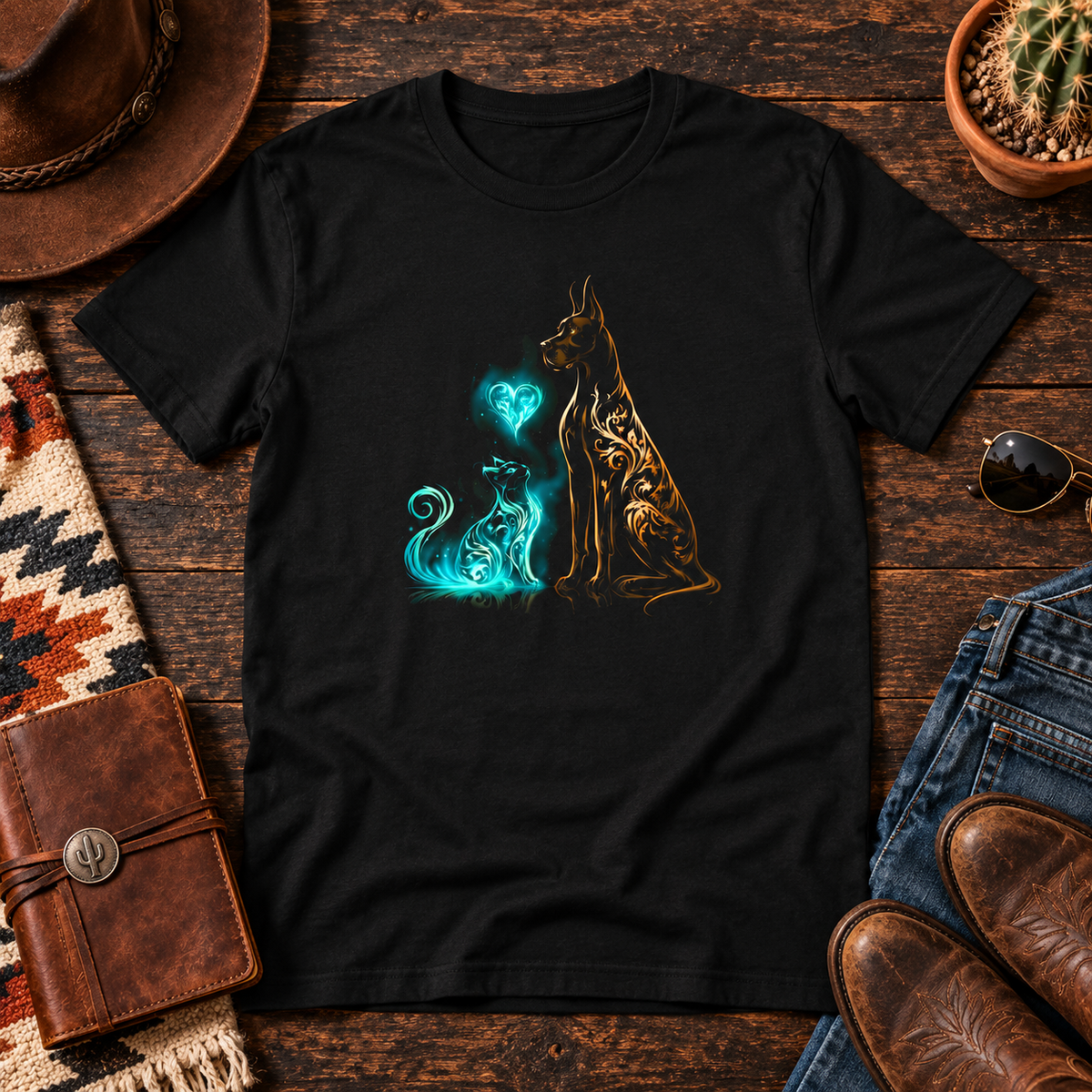 Black tee featuring a glowing cat and dog design with a heart.