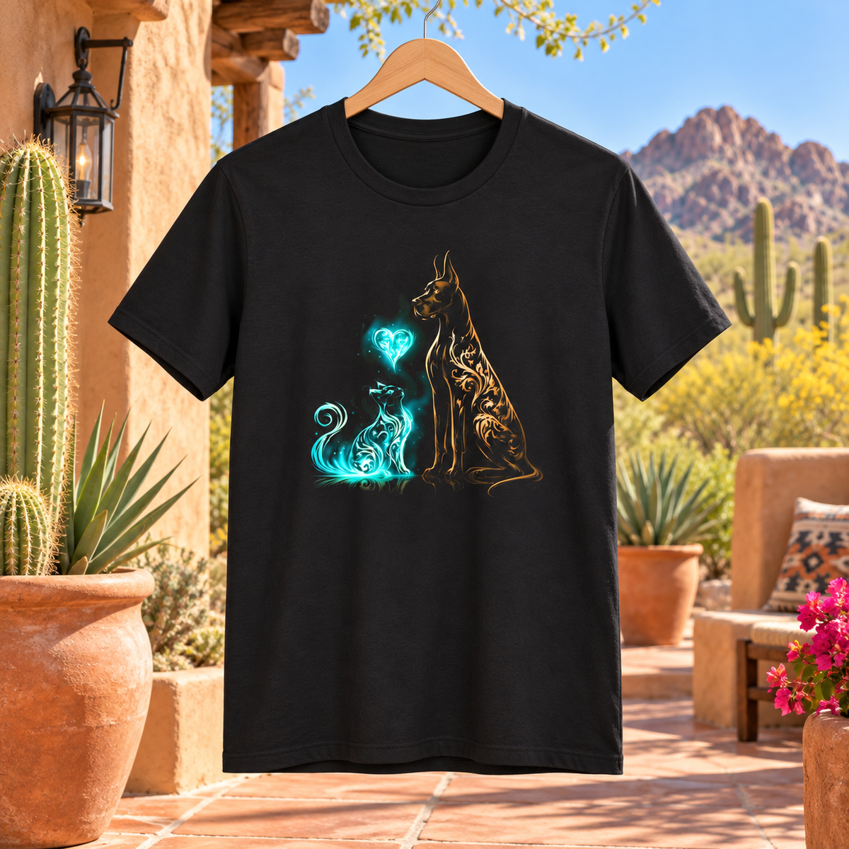 Black tee displayed outdoors with a glowing cat and dog design against a desert backdrop.