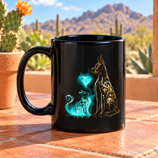 Black mug featuring a dog and cat design with glowing hearts, set against a desert backdrop.