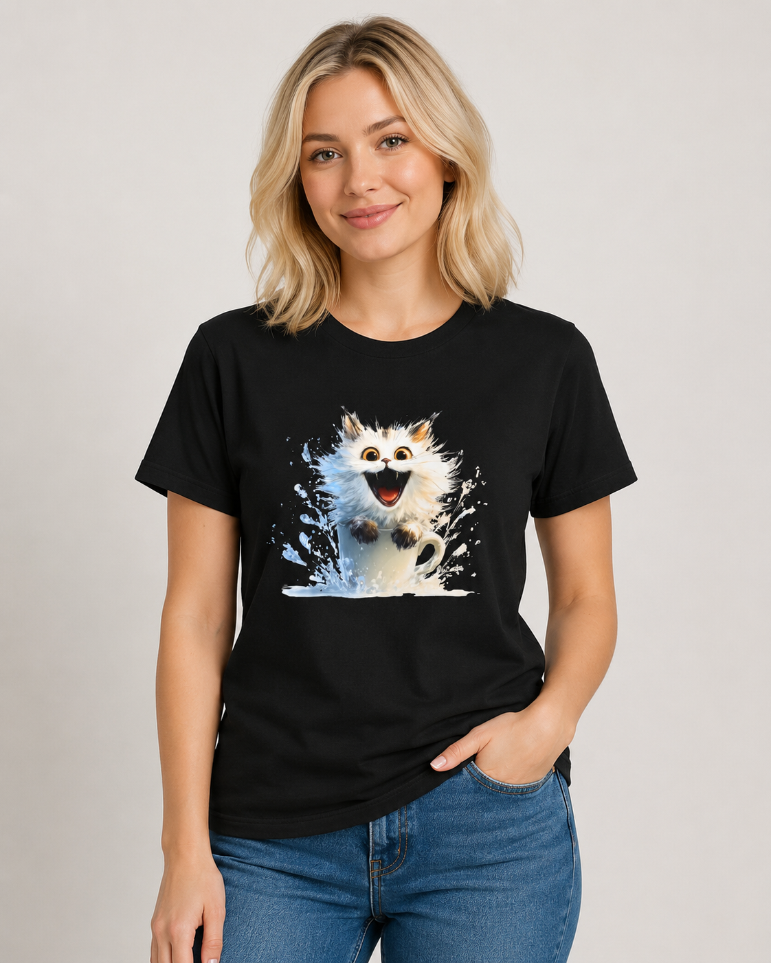 A woman wearing a black short-sleeve t-shirt with a graphic print of a white fluffy cat in a white mug paired with blue jeans, against a light gray studio background.