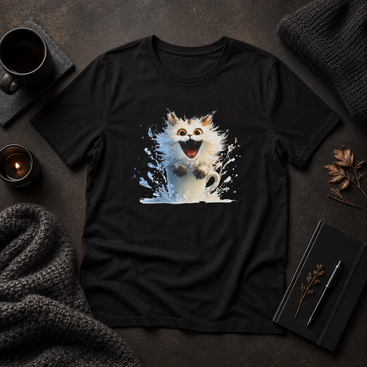 A black short-sleeve t-shirt laid flat on a dark textured surface, featuring a graphic print of a white fluffy cat in a white mug. The shirt is styled in a cozy flat-lay arrangement with a mug, candle, knit blanket, and notebook.