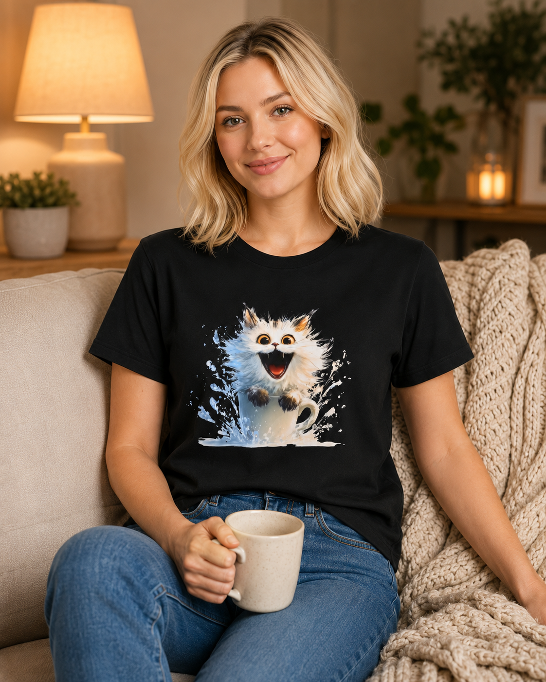 A woman sitting on a beige couch wearing a black t-shirt with a graphic of a playful white kitten splashing in a mug. On a couch.