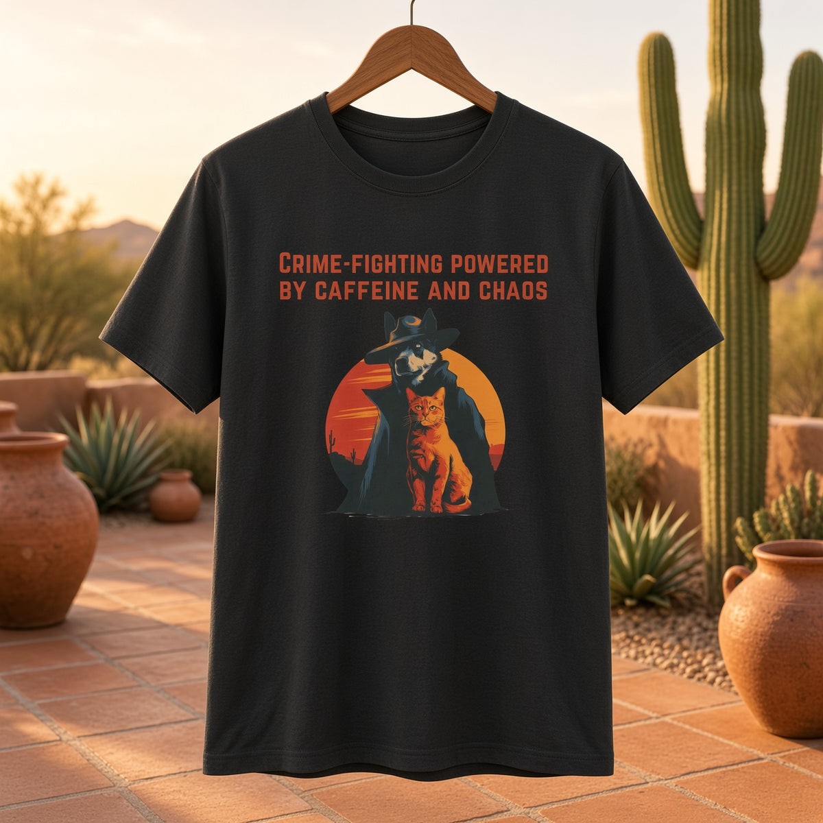 Black shirt hanging outdoors with a dog and cat graphic design with the text 'Crime-Fighting Powered by Caffeine and Chaos.'