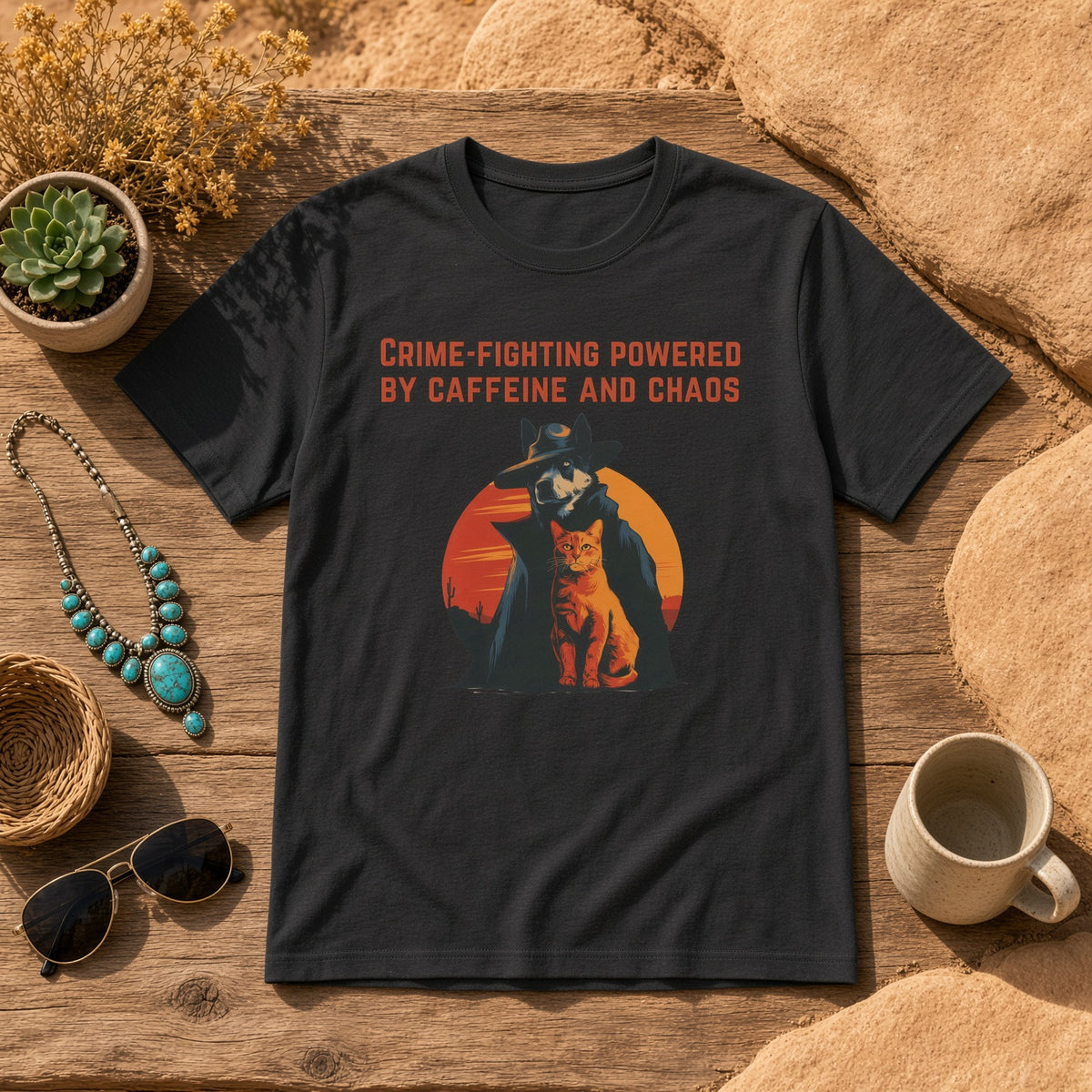 Black shirt featuring a dog and cat graphic on a rustic wooden surface with the text 'Crime-Fighting Powered by Caffeine and Chaos.'