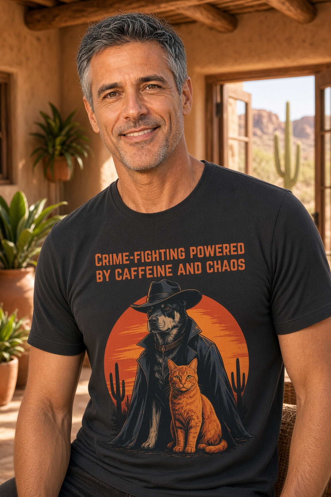Man wearing a black t-shirt with a dog and cat graphic design in a desert setting with the text 'Crime-Fighting Powered by Caffeine and Chaos.'