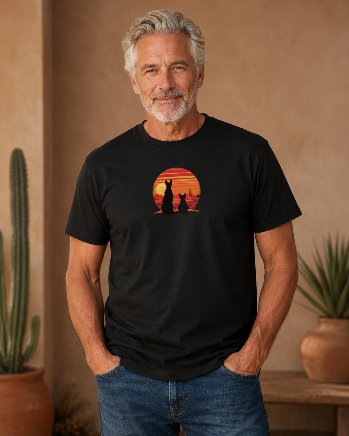 A man wearing a black crewneck t-shirt with a retro sunset graphic with dog and a black cat silhouette sitting in front of orange and red sun stripes.