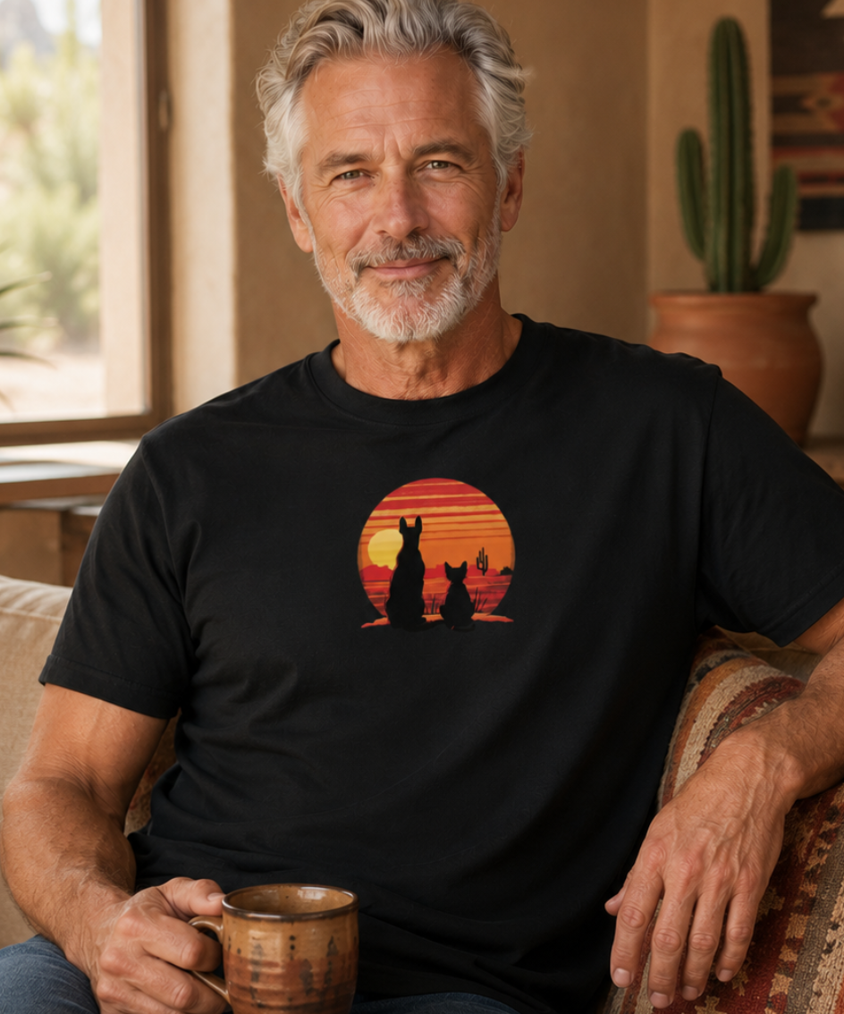 A man wearing a black t-shirt with a retro sunset graphic of a cat and a dog. 