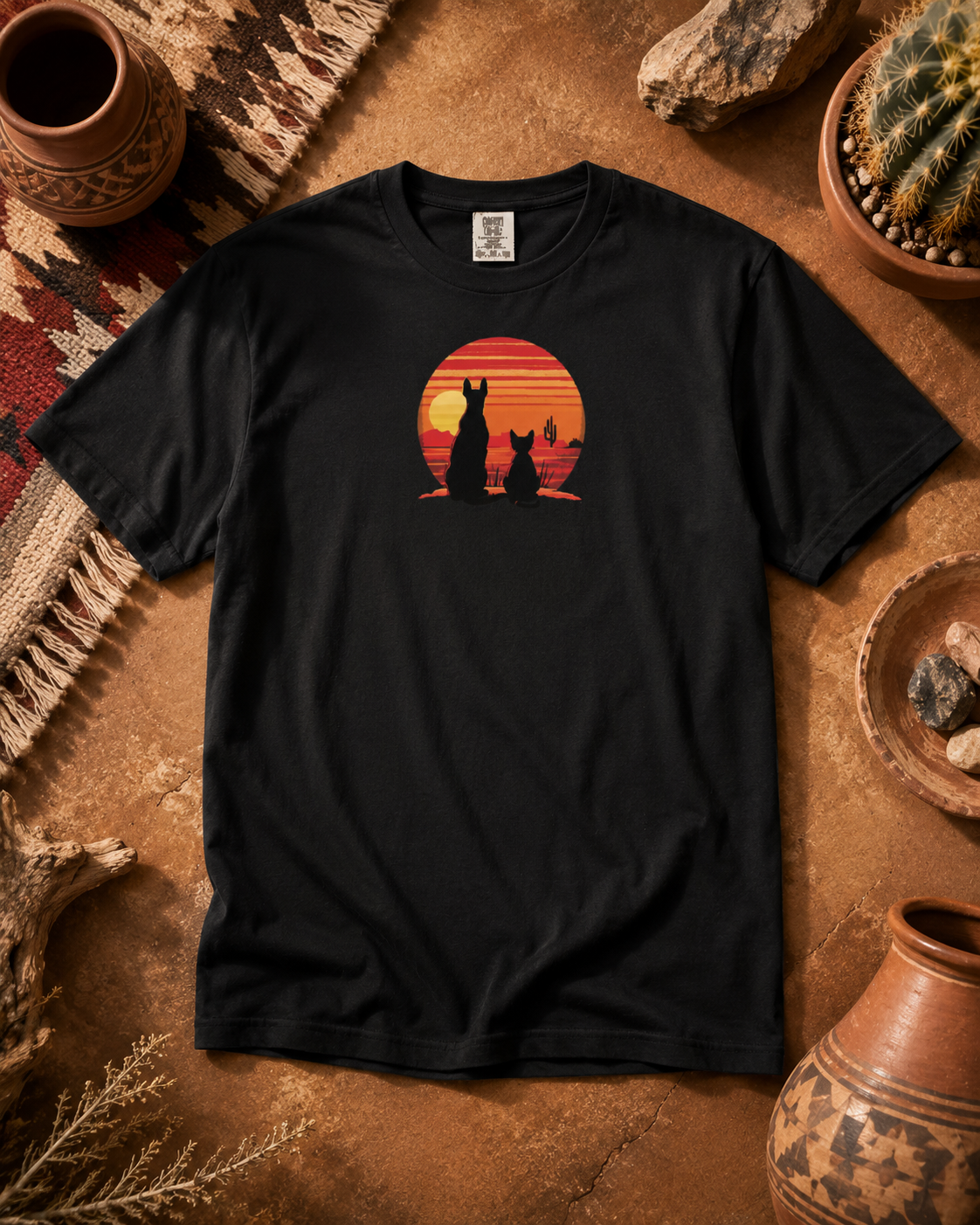 A black short-sleeve t-shirt laid flat on a rustic brown surface, featuring a retro sunset graphic with dog and a black cat silhouette sitting in front of orange and red sun stripes. The shirt is styled with desert-themed props including a cactus, pottery, and dried grass.