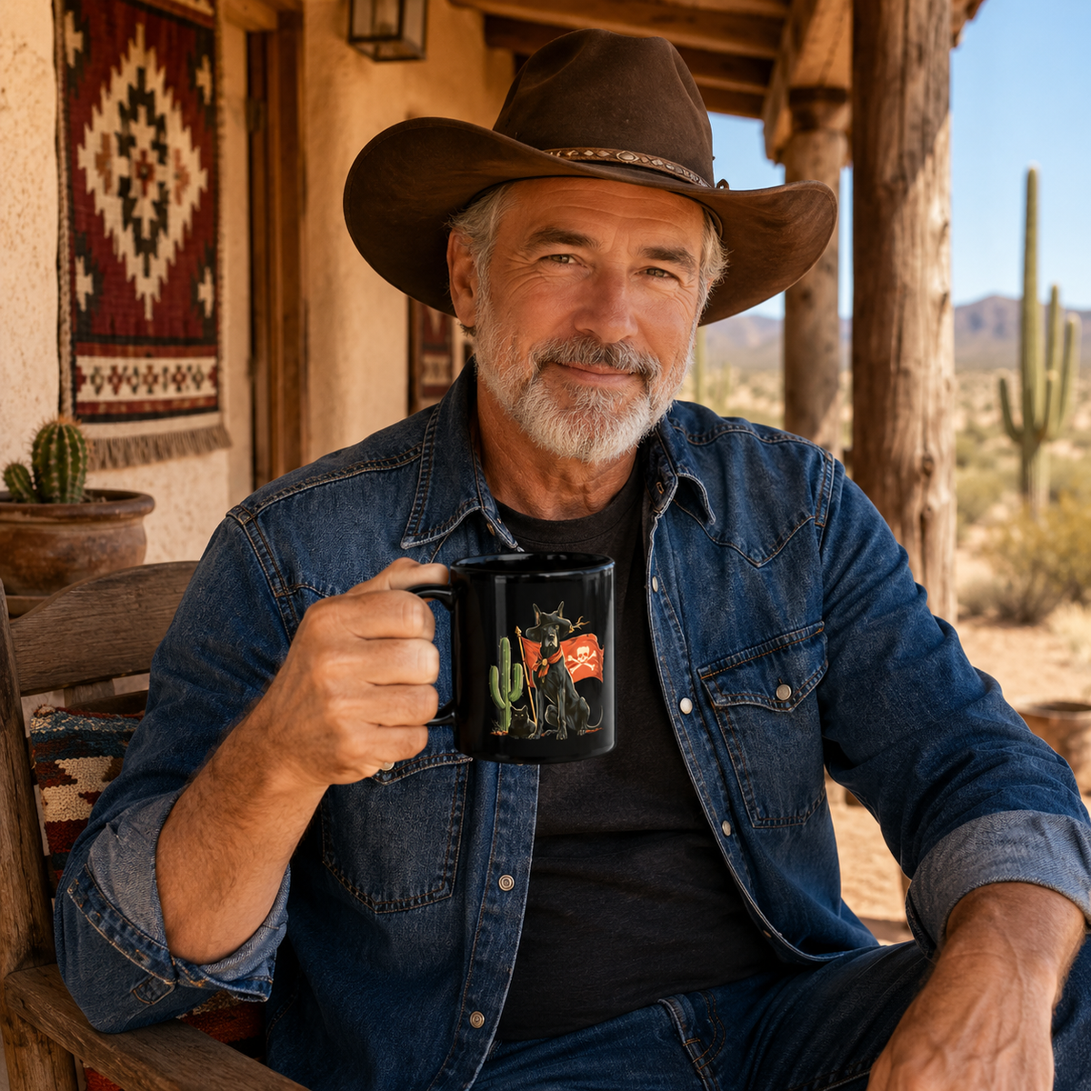 Man in a cowboy hat holding a black mug with a pirate Great Dane design