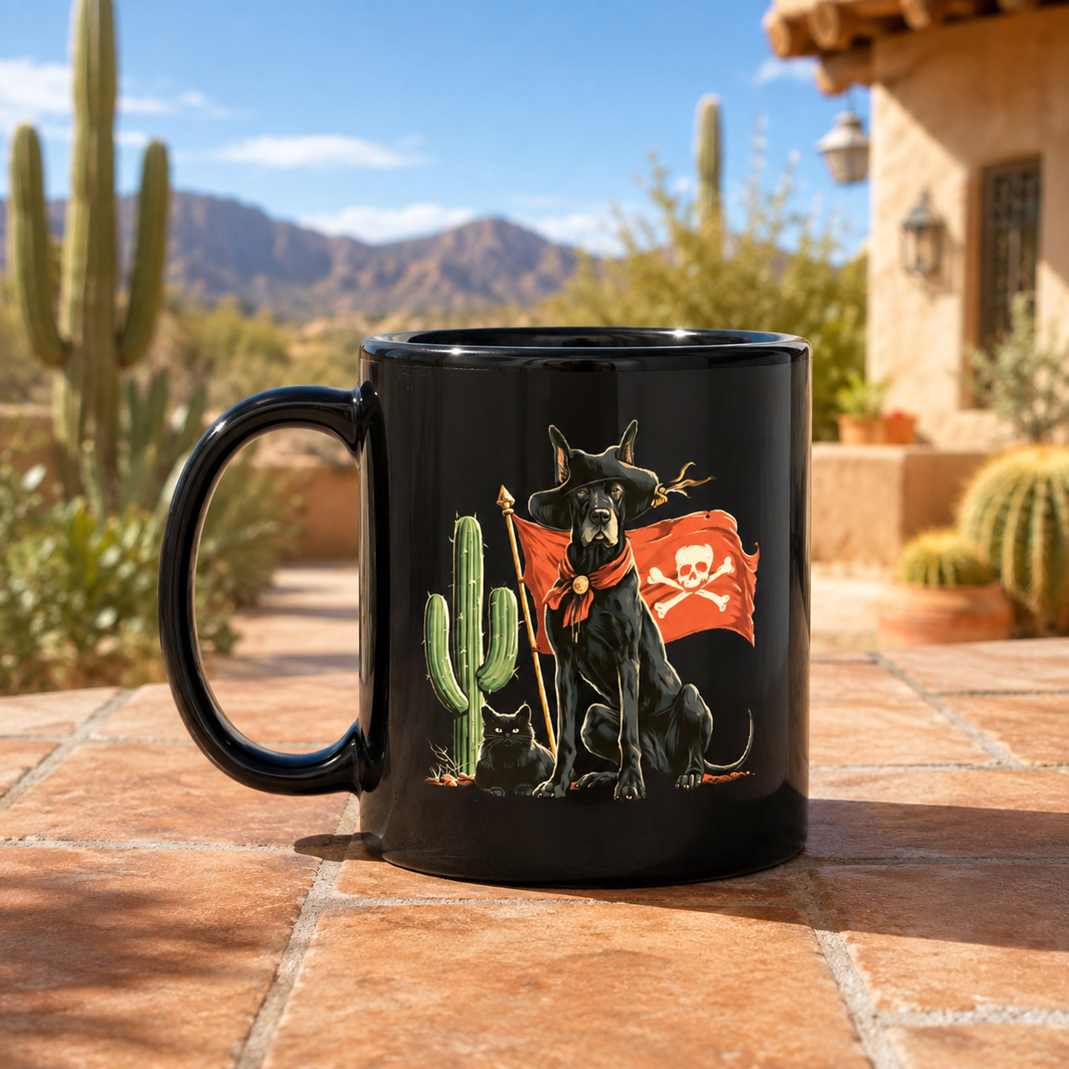 Black mug with a pirate Great Dane, cactus, and a black cat in a desert setting