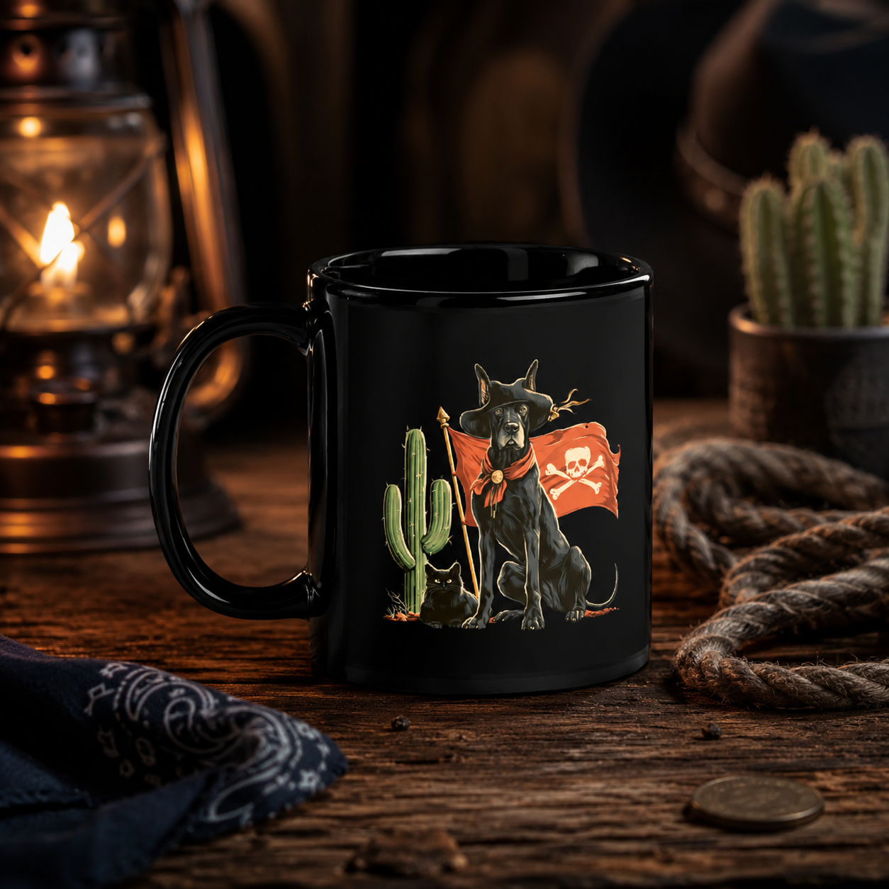 Black mug displaying a pirate Great Dane, cactus, and a black cat near a lantern