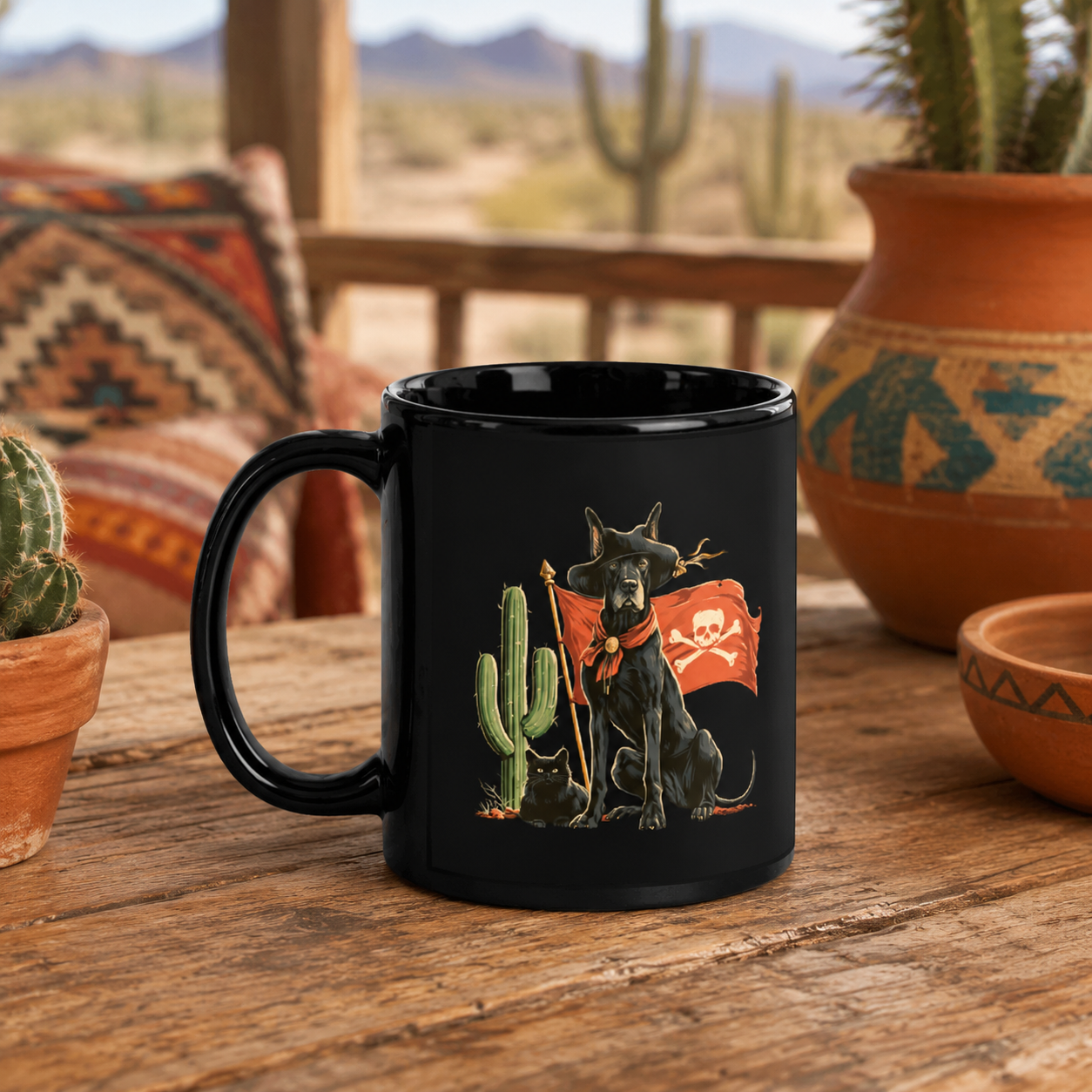 Black mug featuring a pirate-themed Great Dane with a cactus and a black cat