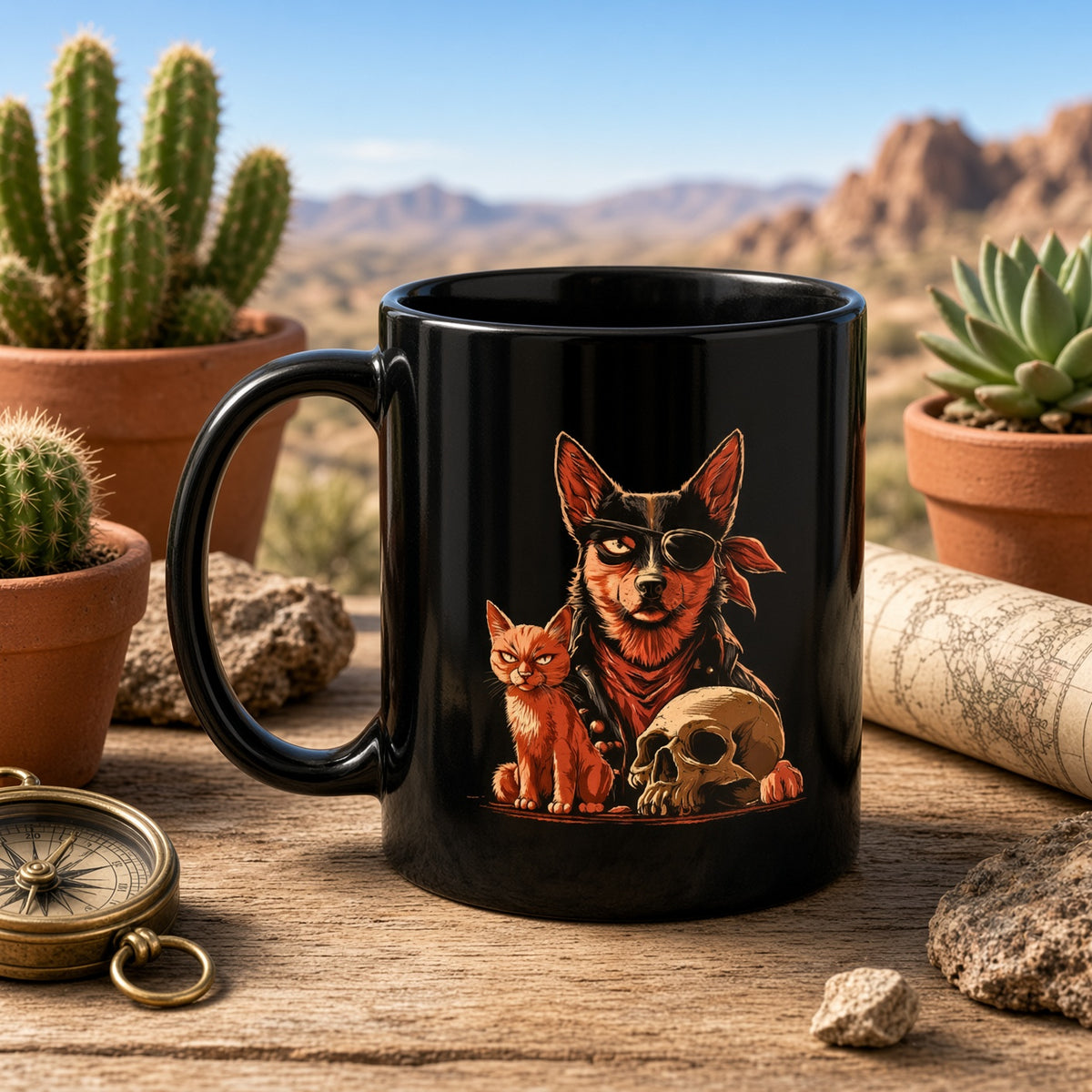 Black mug displaying a dog and cat illustration, with a compass and map nearby in an outdoor setting.