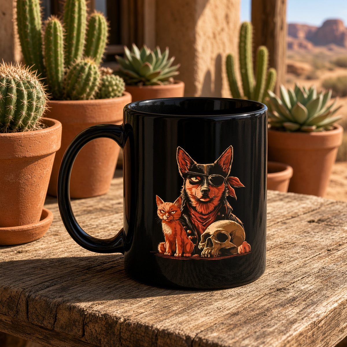 Black mug with a dog and cat design, placed on a wooden table surrounded by potted plants.