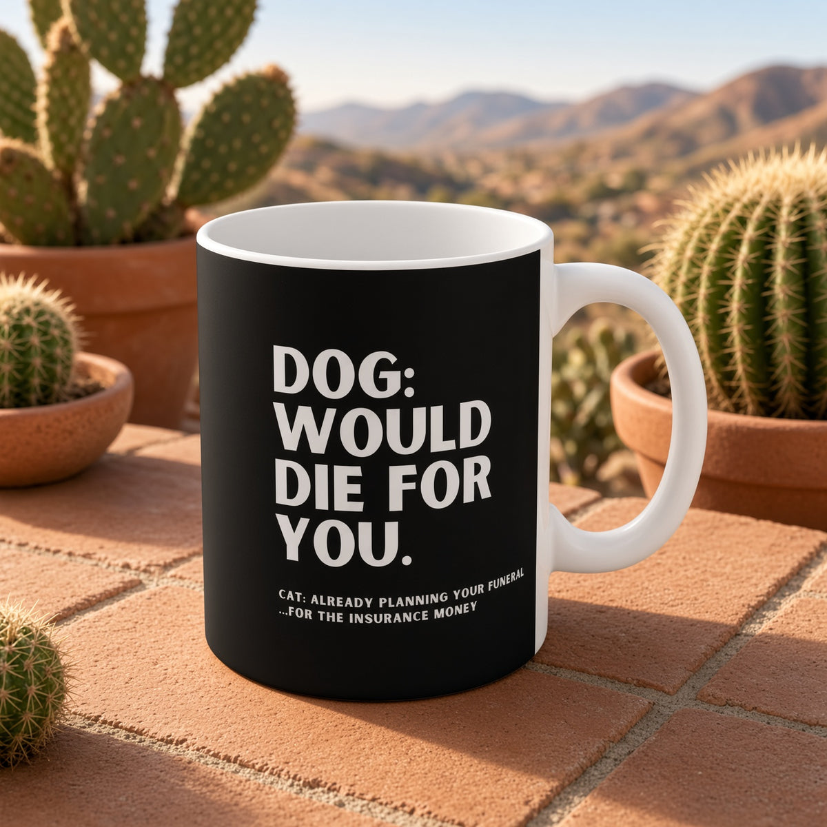 Black coffee mug with humorous text about dogs and cats