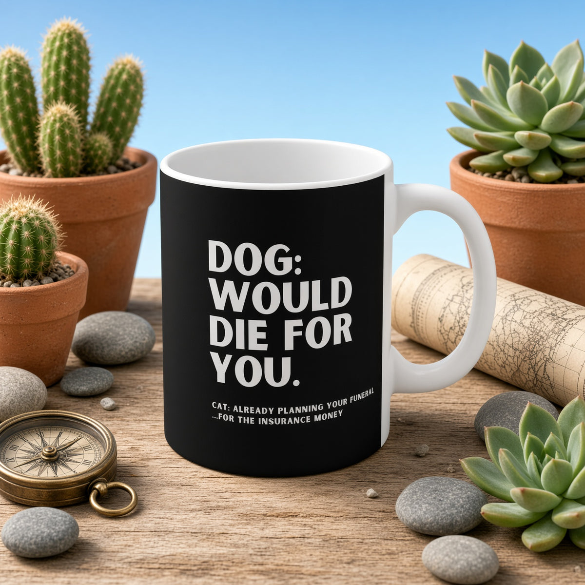 Funny black mug featuring dog and cat joke with plants in background