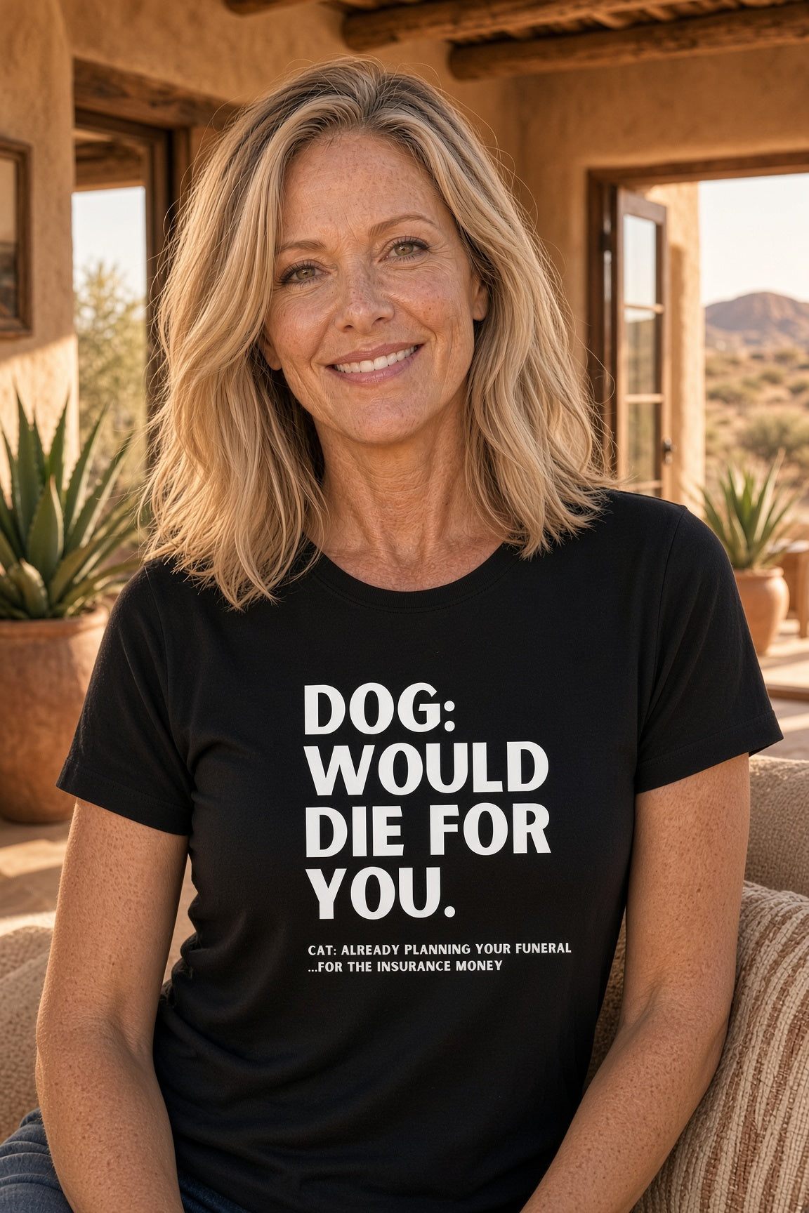 Woman smiling in a black t-shirt with humorous dog vs cat text design.
