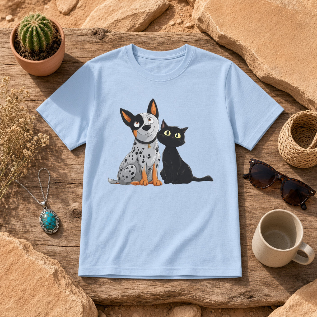 Light blue tee with a dog and cat illustration placed on a wooden surface with decor.