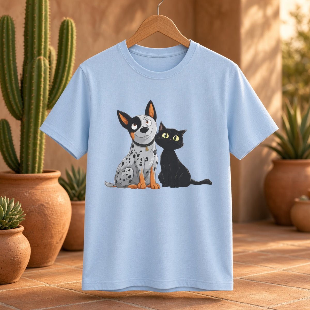 Light blue tee with a dog and cat illustration hanging on a wooden hanger.