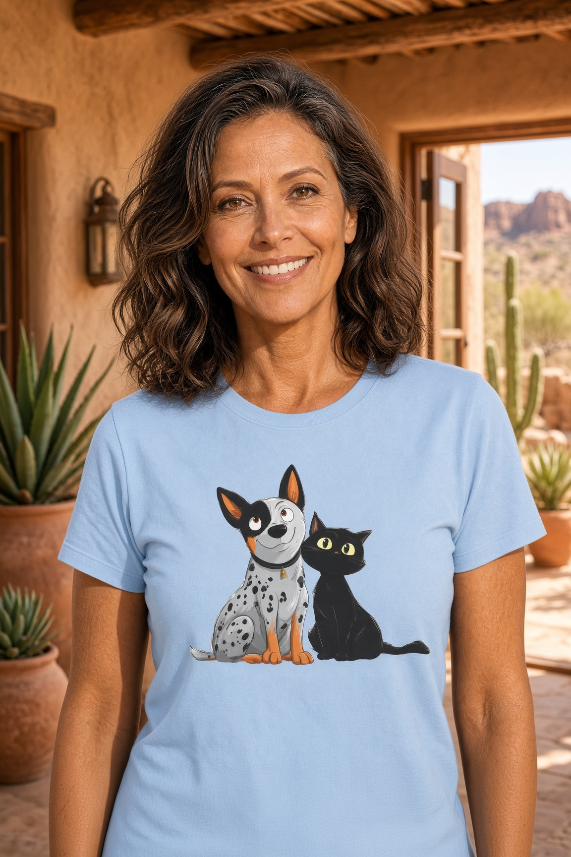 Woman wearing a light blue tee with a playful illustration of a dog and cat.