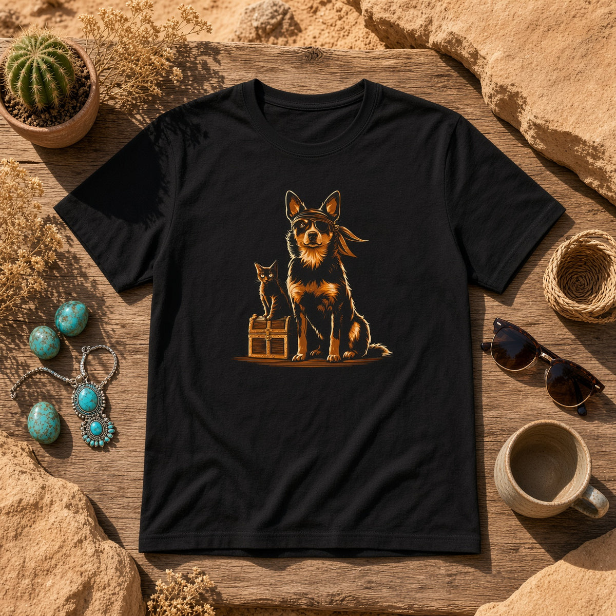 Black t-shirt with a dog and cat on a treasure chest design displayed on a wooden surface with accessories.