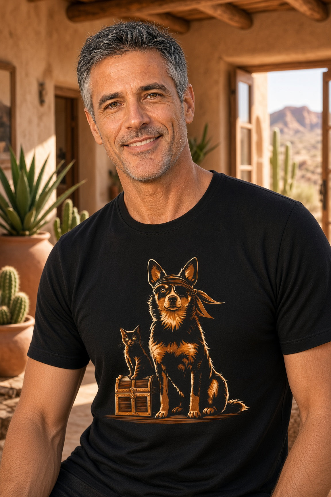 Man wearing a black t-shirt featuring a dog and cat on a treasure chest design in a desert setting.