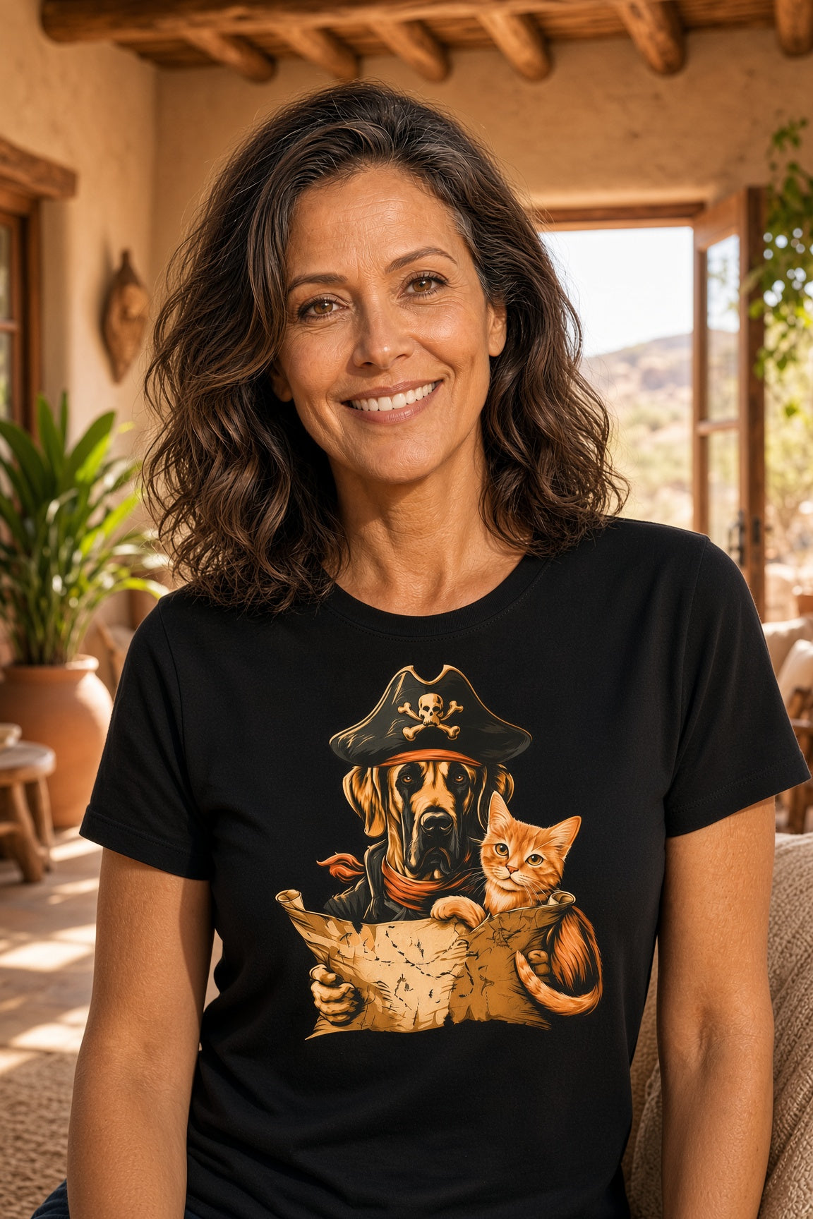 Woman wearing a black t-shirt featuring a dog and cat pirate design.