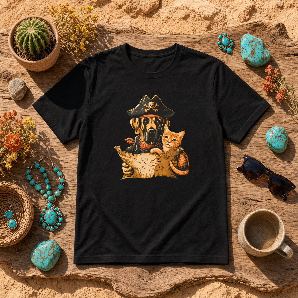 Black t-shirt with a dog and cat pirate design placed on a sandy surface with accessories.
