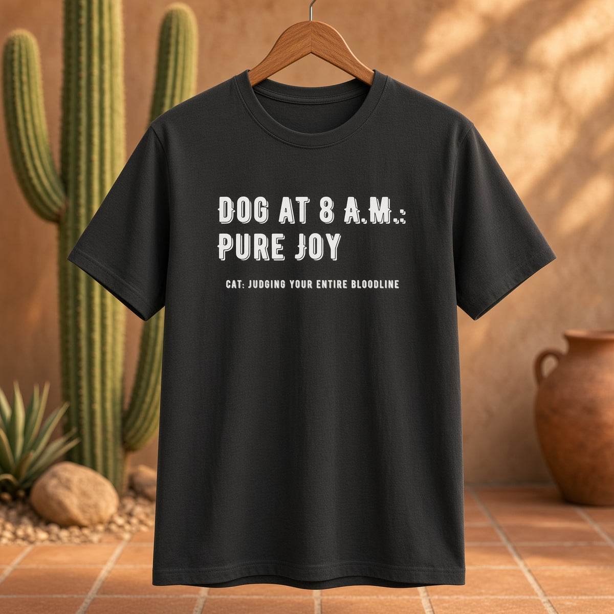 Black t-shirt hanging on a wooden hanger with the text 'DOG AT 8 A.M.: PURE JOY' and 'CAT: JUDGING YOUR ENTIRE BLOODLINE' against a desert background