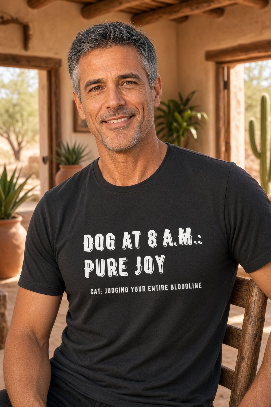Man smiling in a rustic setting, wearing a black t-shirt with the text 'DOG AT 8 A.M.: PURE JOY' and 'CAT: JUDGING YOUR ENTIRE BLOODLINE'