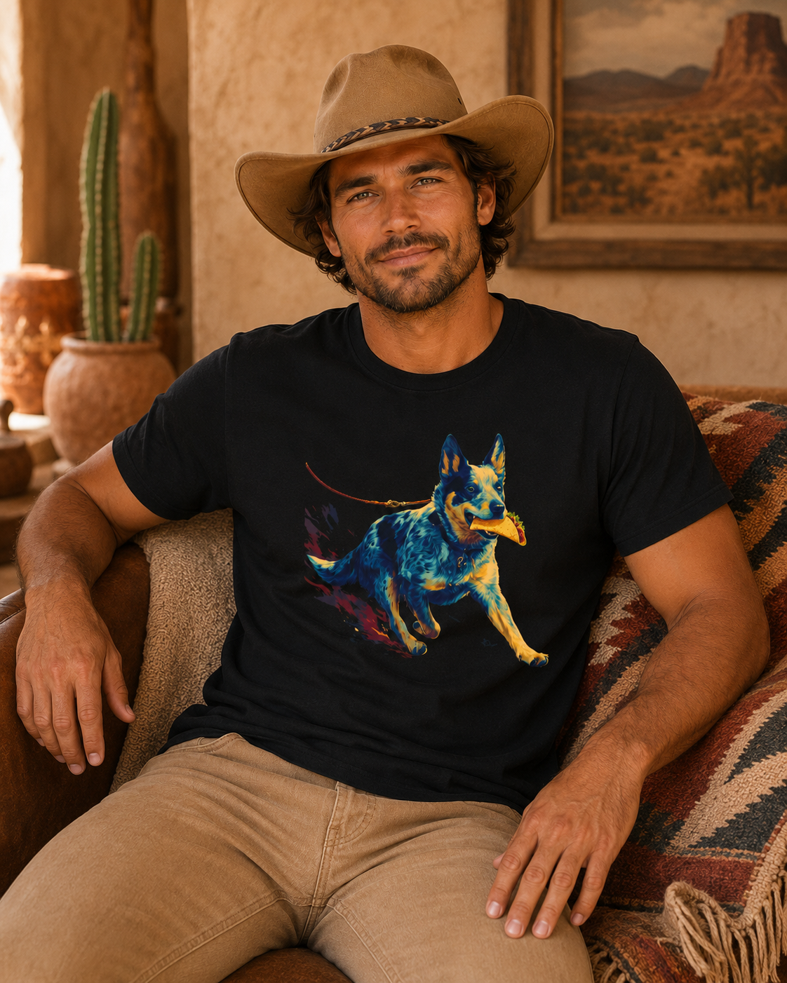 A man wearing a black graphic t-shirt with a colorful watercolor-style dog print, sitting on a patterned couch in a rustic desert-themed room.
