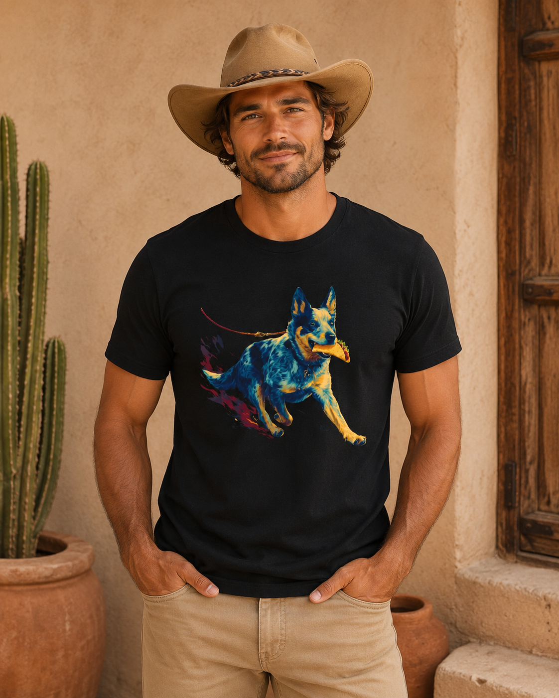 A man wearing a black t-shirt with a colorful watercolor-style Australian  cattle dog graphic, paired with a tan cowboy hat and khaki pants, standing in front of a rustic beige wall with a cactus on the left.