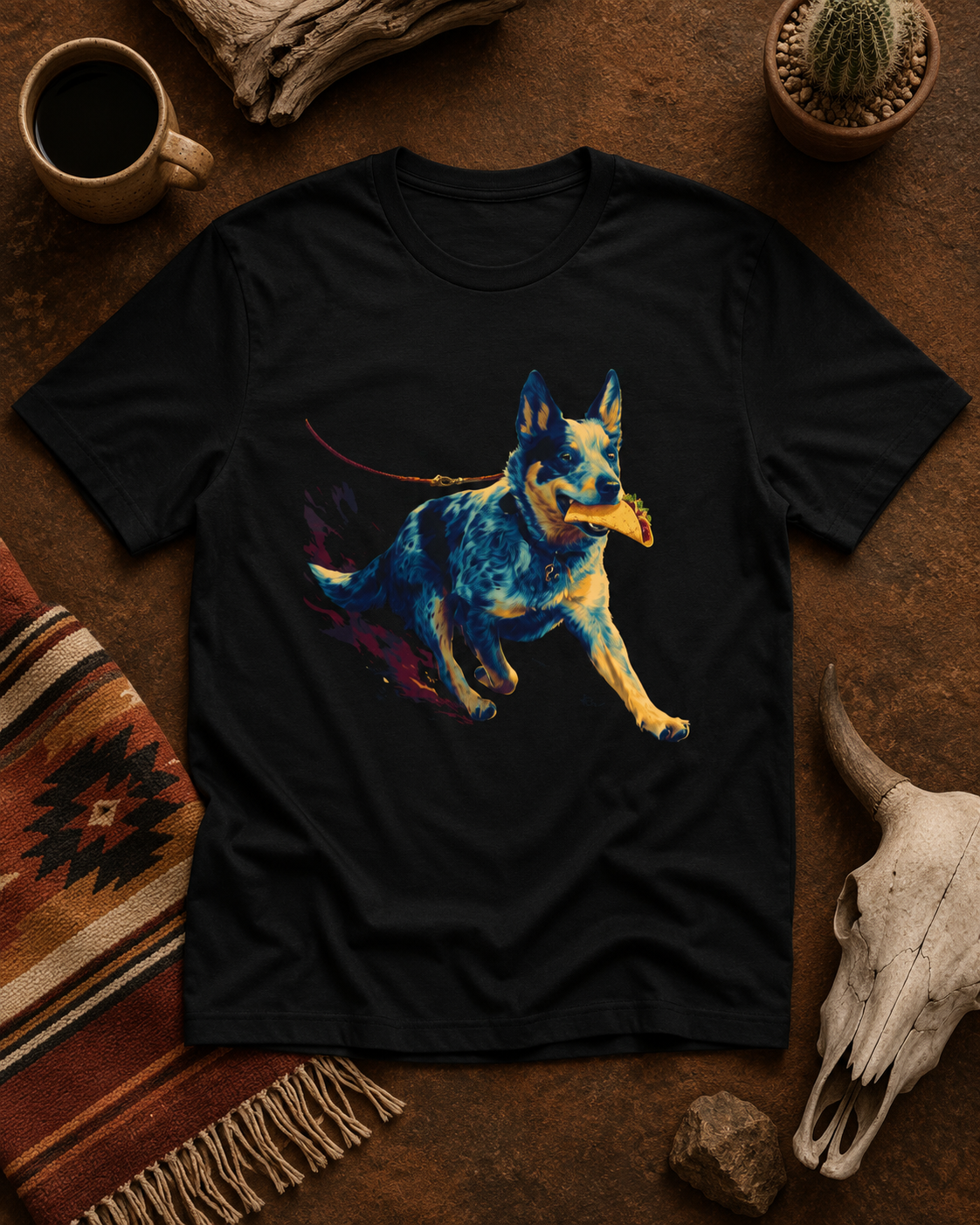 A black short-sleeve t-shirt laid flat on a rustic brown surface, featuring a colorful watercolor-style illustration of a Australian Cattle dog in blue, yellow, and purple tones. The shirt is styled with a mug, cactus, skull, blanket, and rocks around it.