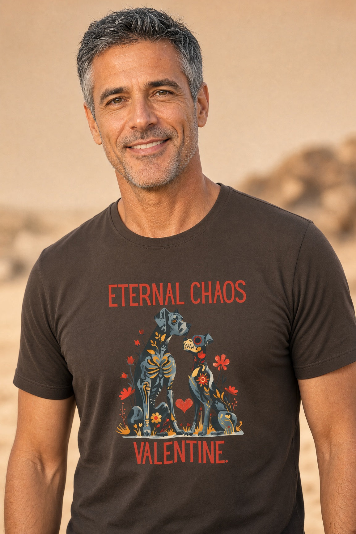 Man wearing a brown Eternal Chaos Valentine shirt with floral dog graphic with text 'ETERNAL CHAOS VALENTINE.'
