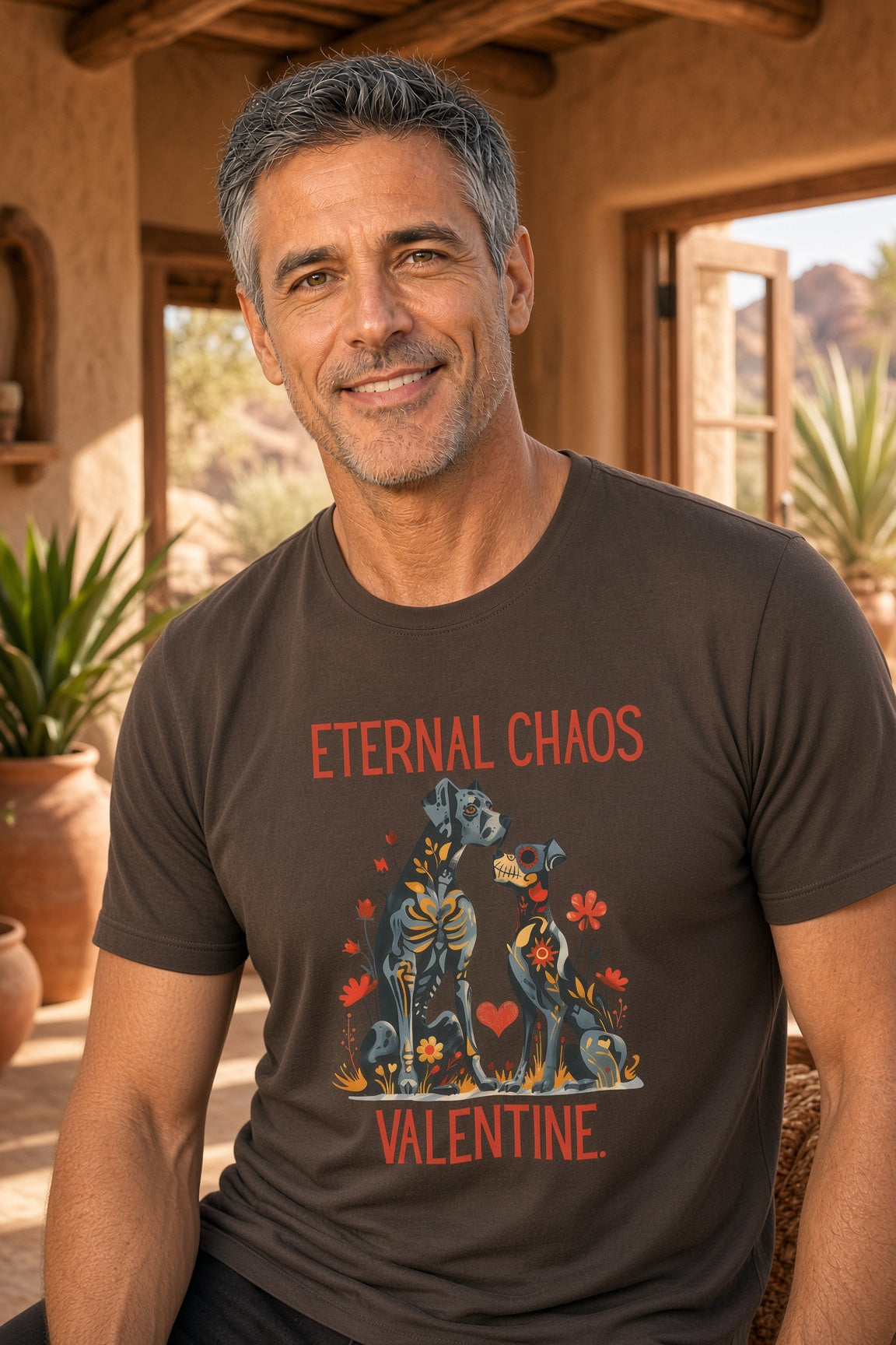 Man wearing Eternal Chaos Valentine shirt with gothic floral dog graphic and with text 'ETERNAL CHAOS VALENTINE.'