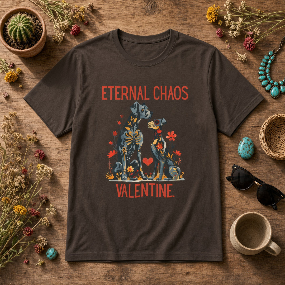 Eternal Chaos Valentine shirt laid flat on a wooden table with flowers and accessories with text 'ETERNAL CHAOS VALENTINE.'
