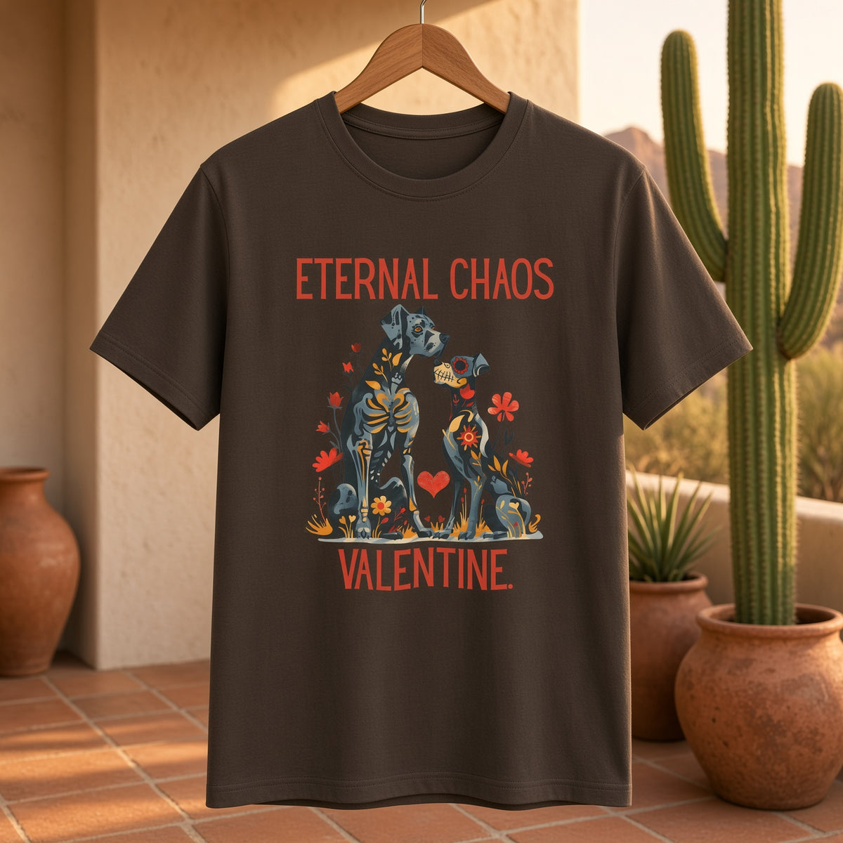 Eternal Chaos Valentine shirt displayed on a hanger with cactus in the background and with text 'ETERNAL CHAOS VALENTINE.'