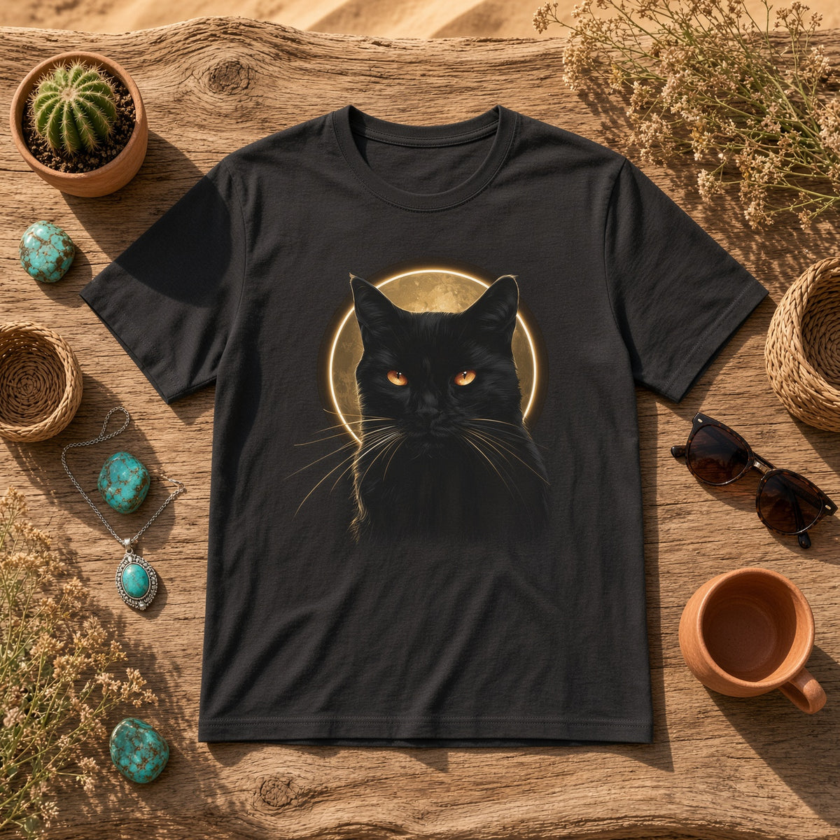 Black t-shirt with a black cat graphic and full moon displayed on a wooden surface with decorative items.