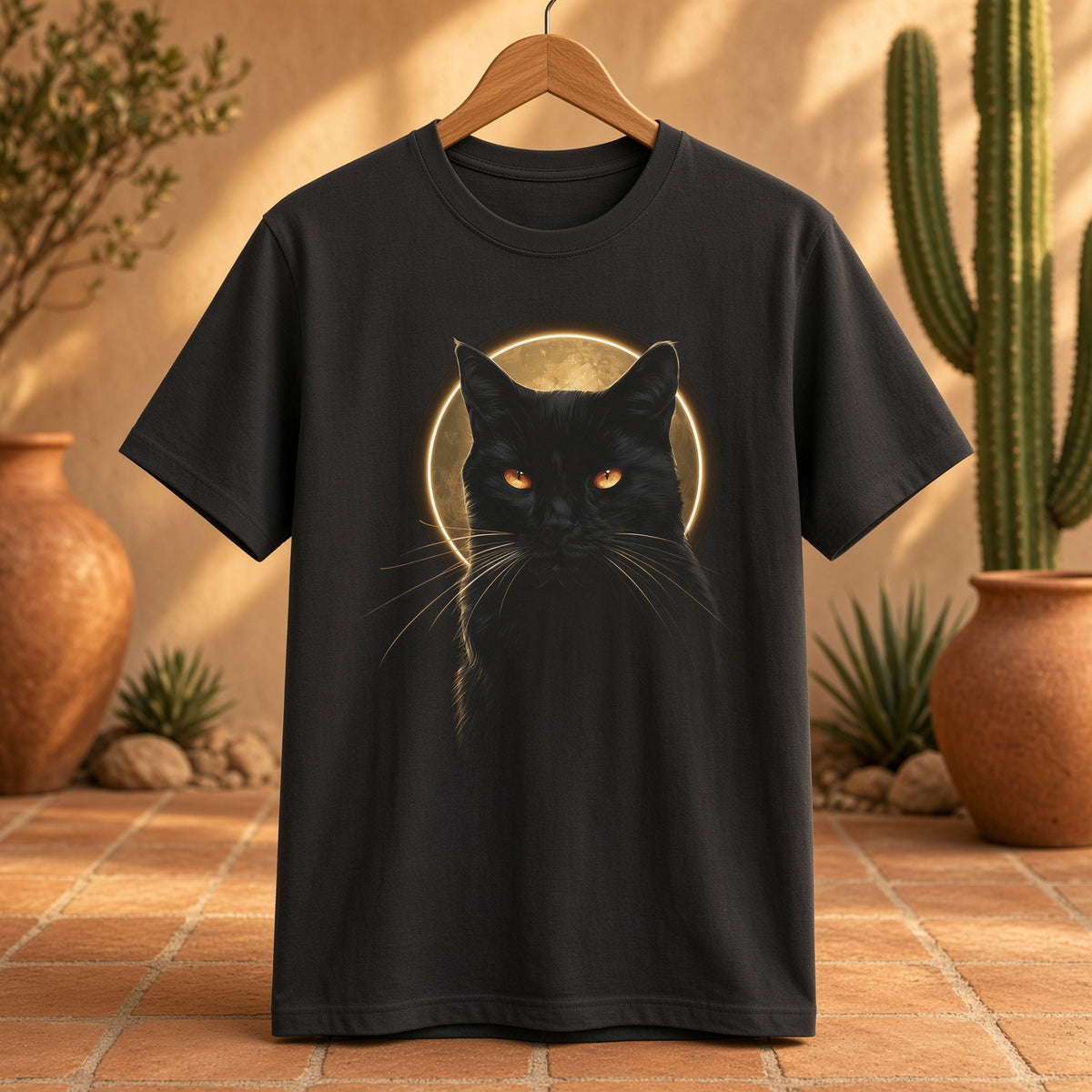 Black t-shirt with a black cat graphic hanging against a textured wall with plants in the background.