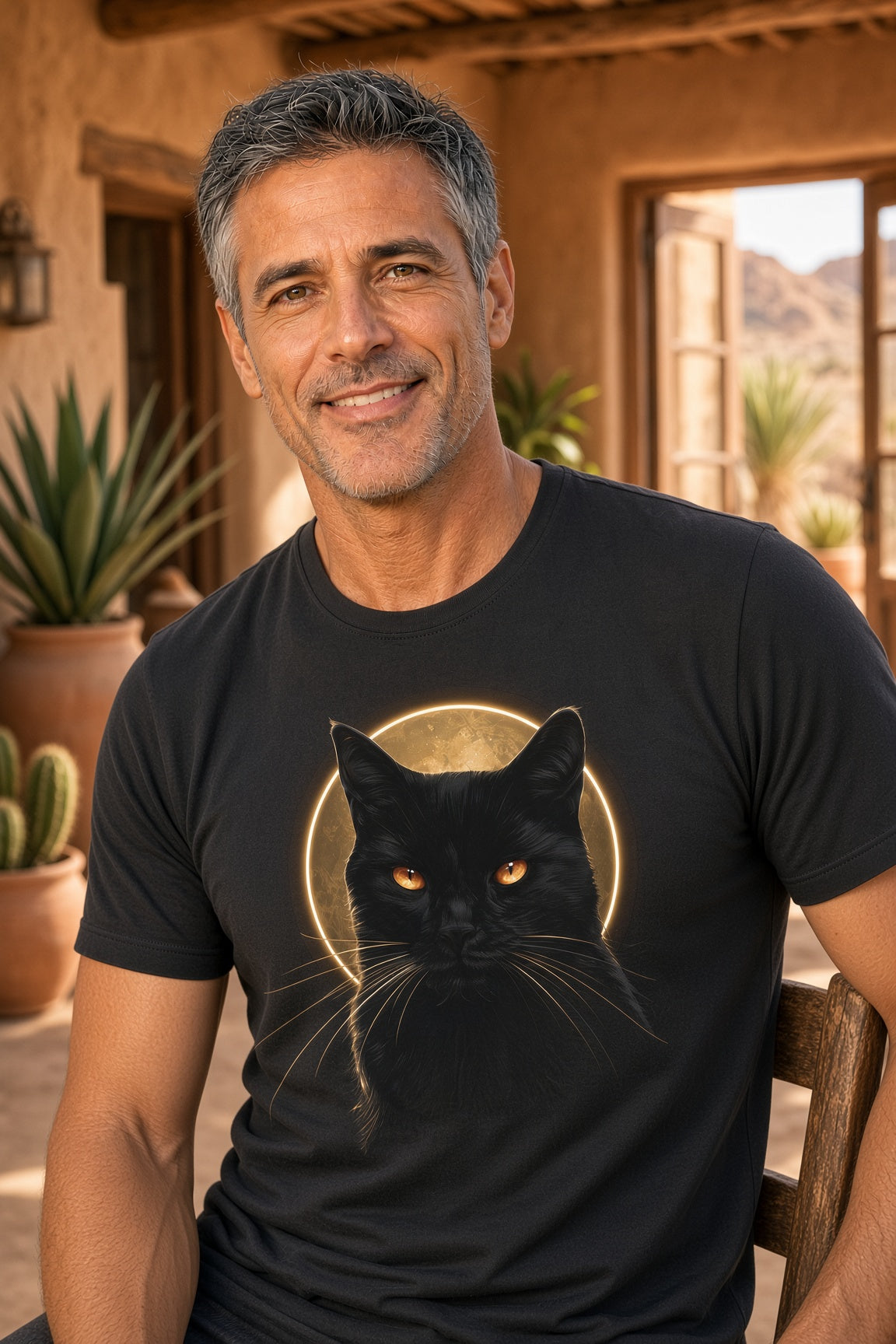 Man wearing a black t-shirt featuring a black cat graphic with glowing eyes and a full moon.