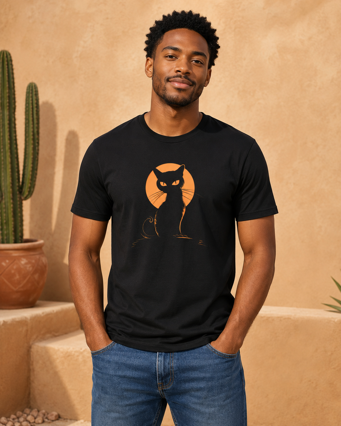 A man wearing a black crewneck t-shirt with a graphic of a black cat silhouette against an orange full moon, posed in front of a warm beige stucco wall with a potted cactus.